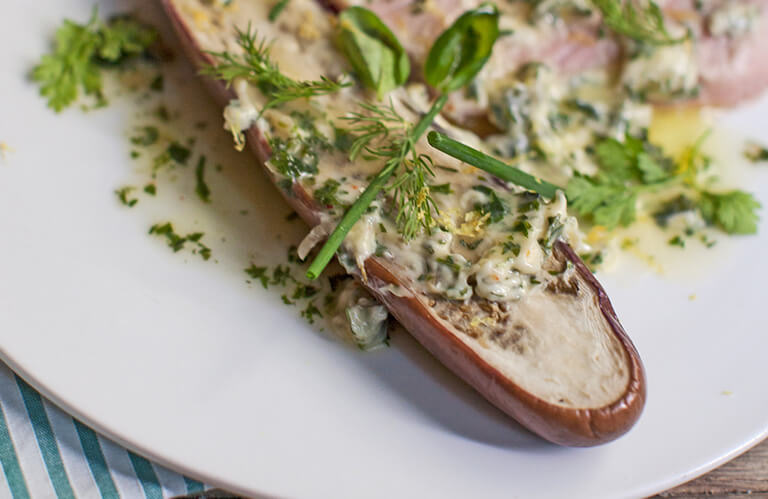 poached veal, steamed aubergine, and herb butter